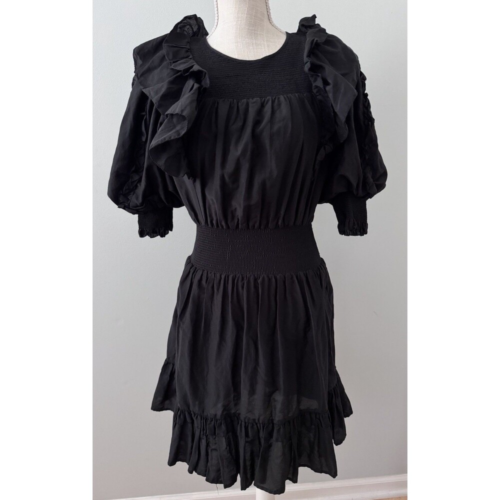 Magali Pascal Black Ruffled Puff-Sleeved Cotton Silk Mini Dress Women's Size XS